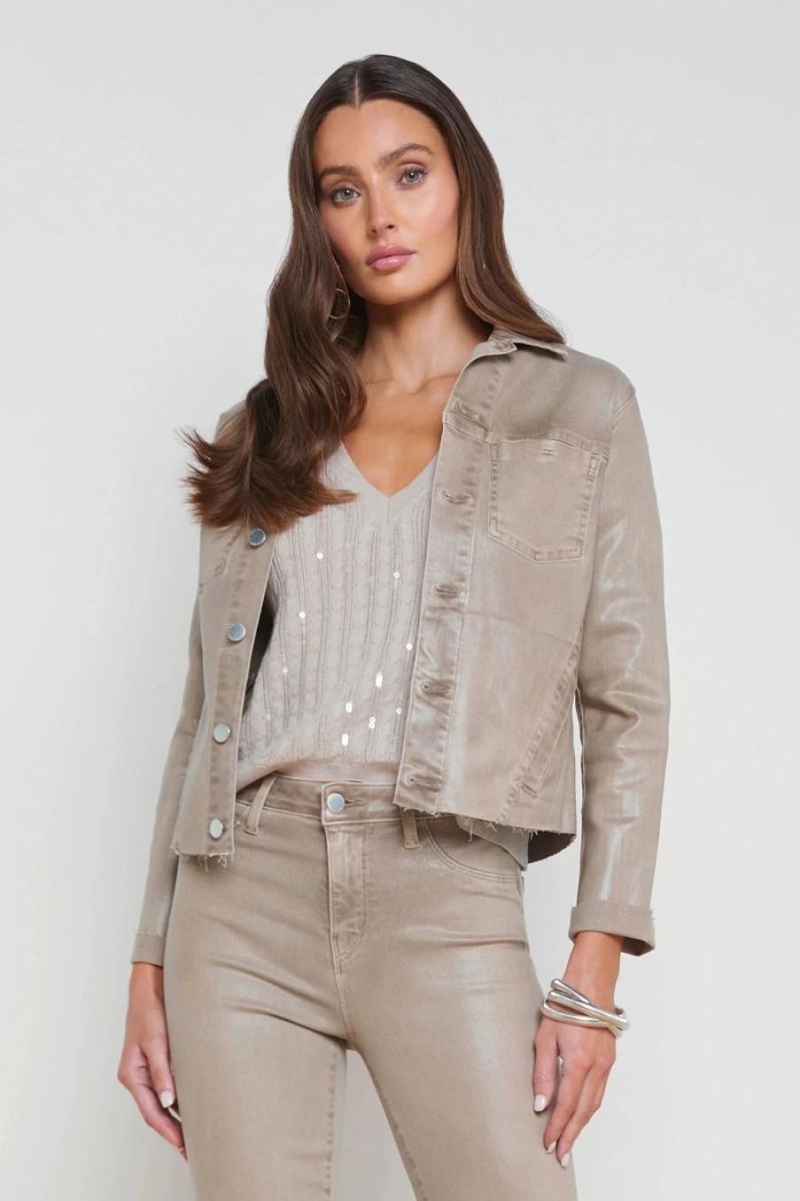 Women L'AGENCE Denim | L'Agence Janelle Slim Raw Jacket In Rye Coated