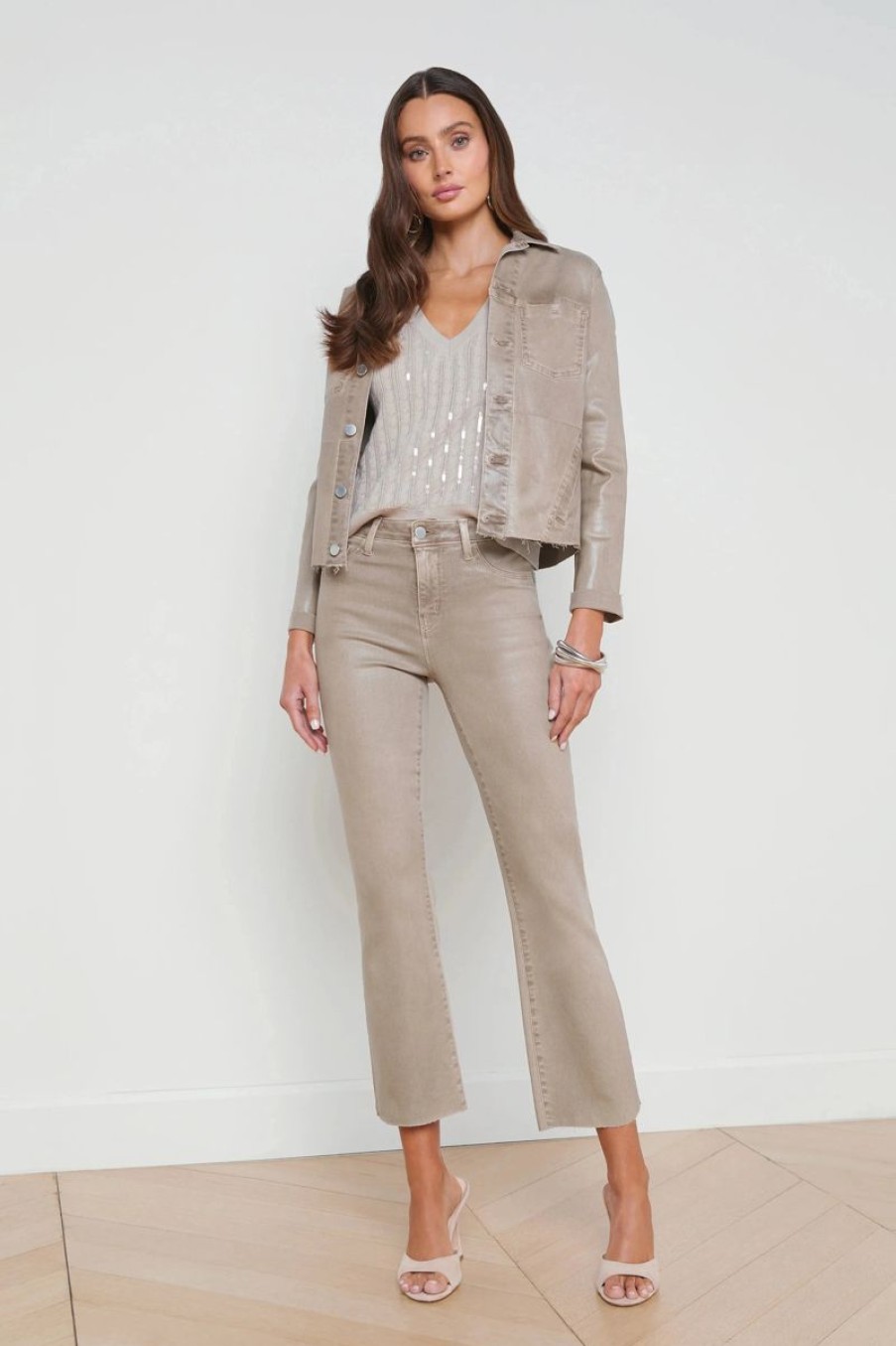 Women L'AGENCE Denim | L'Agence Janelle Slim Raw Jacket In Rye Coated