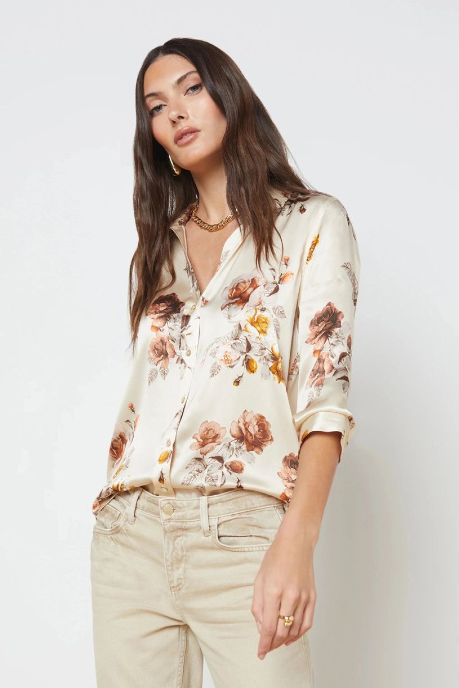 Women L'AGENCE Tops | L'Agence Dani 3/4 Sleeve Blouse In Buff Multi Tonal Rose Floral