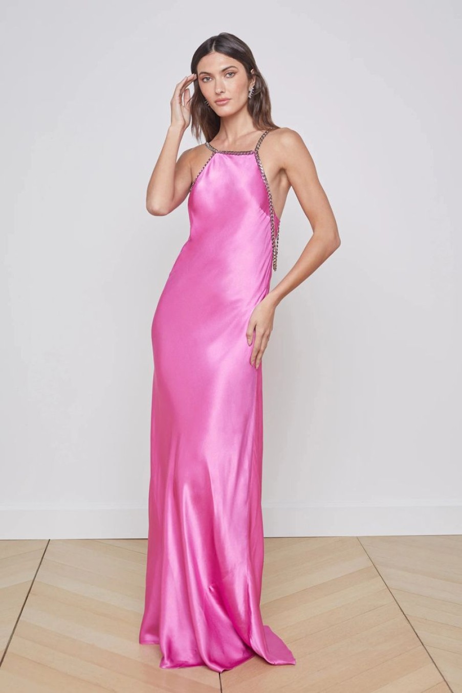 Women L'AGENCE Dresses | L'Agence Majesty Dress With Chain In Magenta Pink