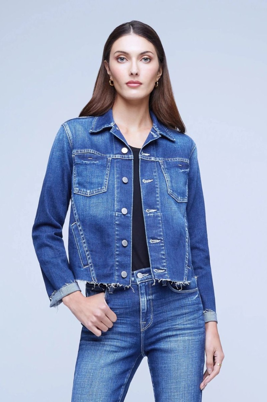 Women L'AGENCE Denim | L'Agence Janelle Slim Raw Jacket In Century