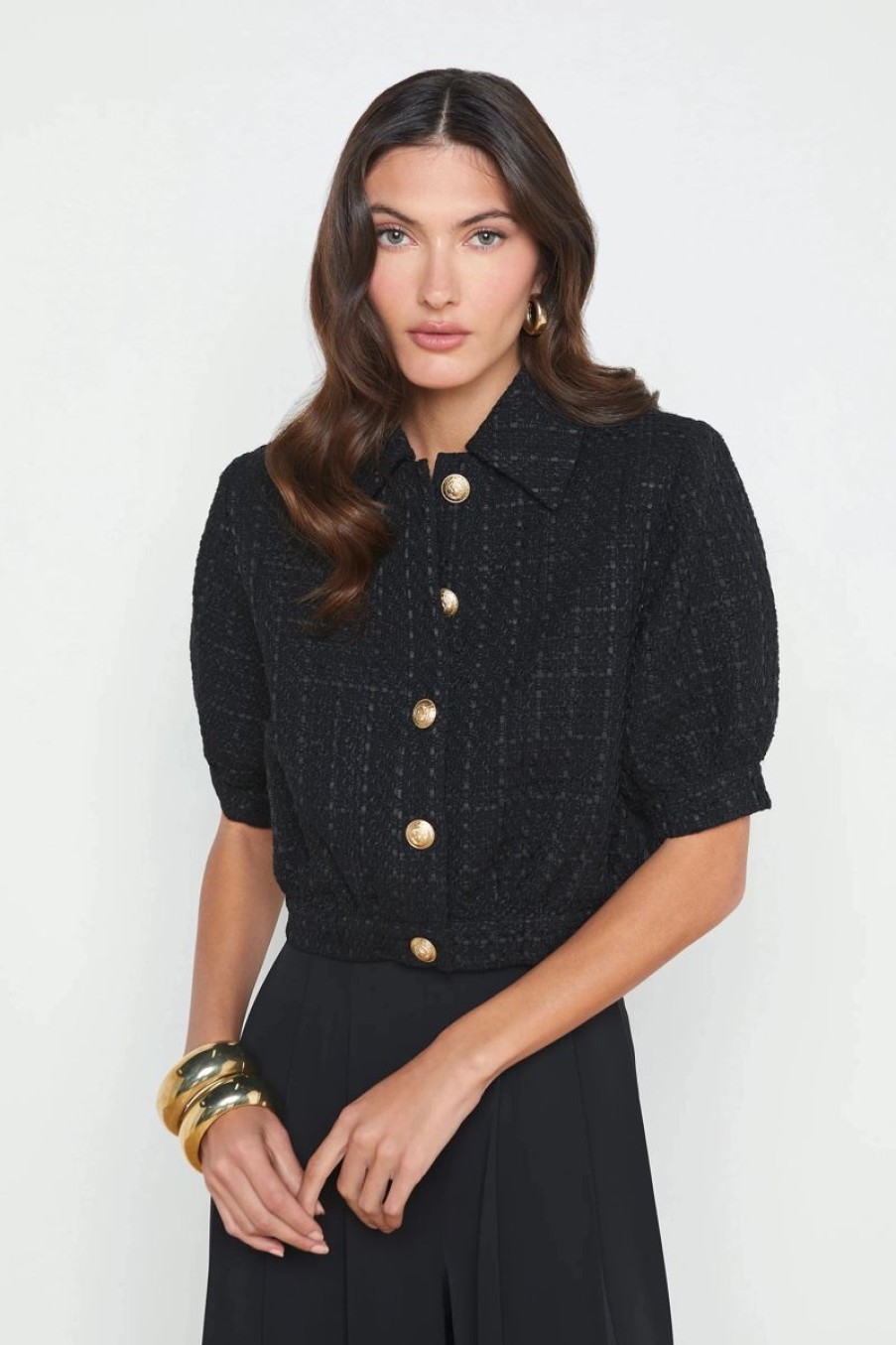 Women L'AGENCE Jackets & Coats | L'Agence Cove Crop Short Sleeve Jacket In Black