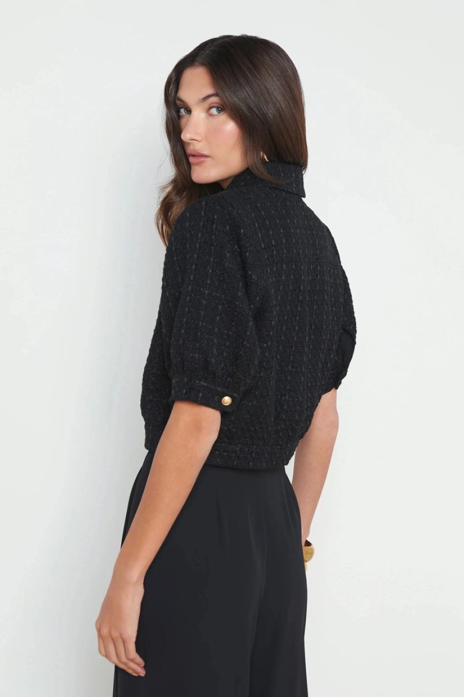 Women L'AGENCE Jackets & Coats | L'Agence Cove Crop Short Sleeve Jacket In Black