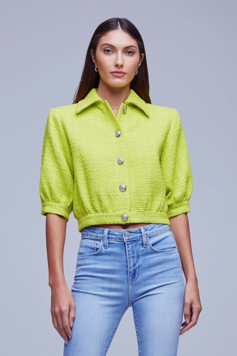 Women L'AGENCE Jackets & Coats | L'Agence Cove Crop Short Sleeve Jacket In Lime