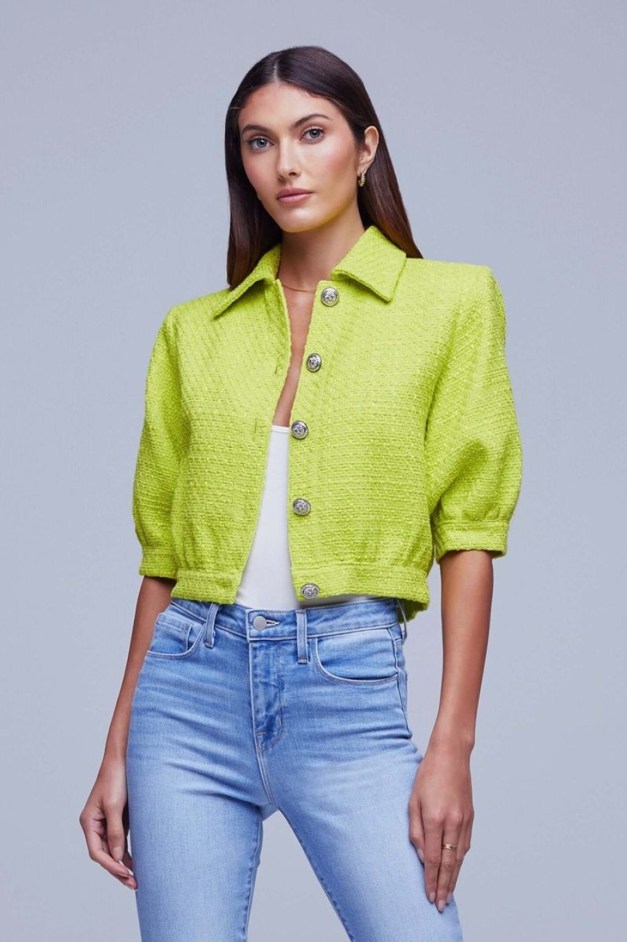 Women L'AGENCE Jackets & Coats | L'Agence Cove Crop Short Sleeve Jacket In Lime