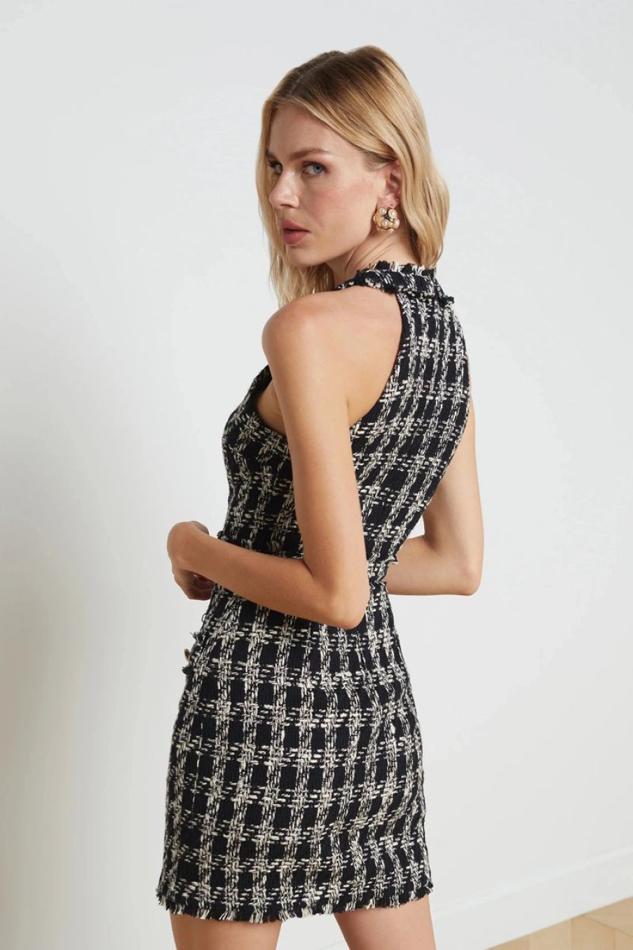 Women L'AGENCE Dresses | L'Agence Jade Btn Front Tweed Dress In Black/Ivory Plaid Tweed