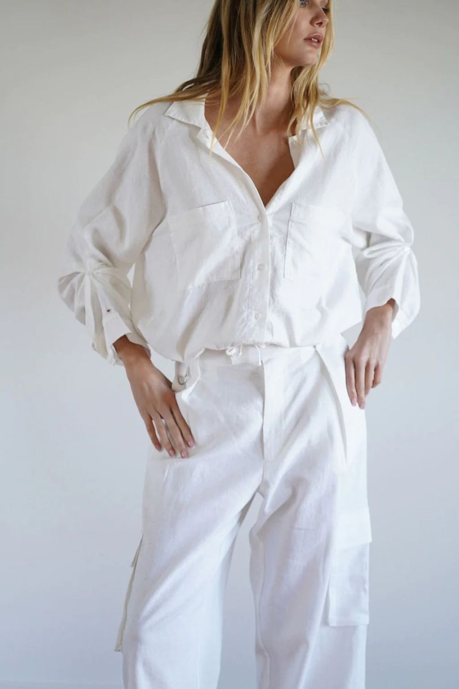 Women LNA Tops | Lna Alpine Drawstring Button Up In White