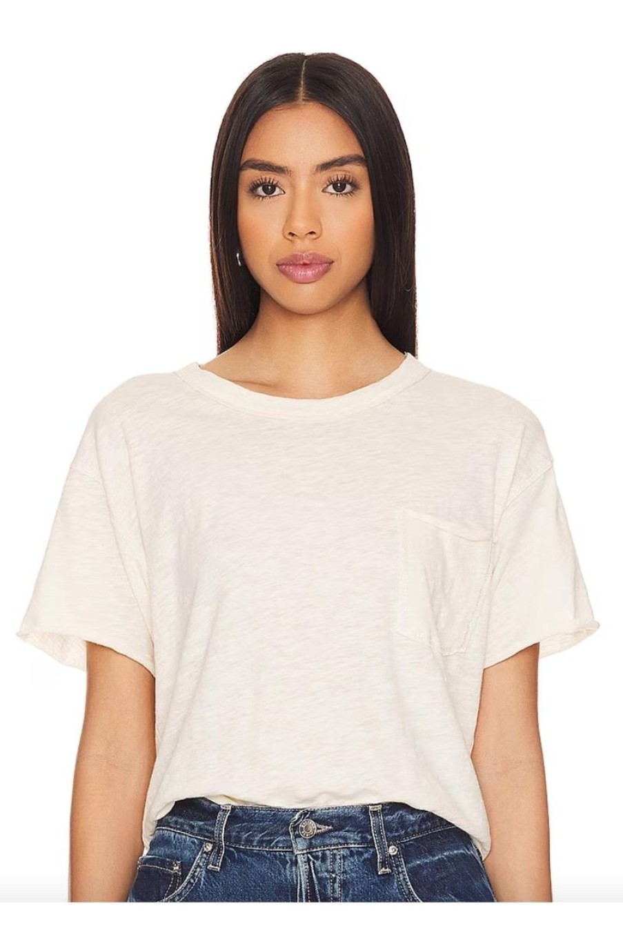 Women LNA Tops | Lna Metallic Thread Cotton Pocket Tee In Off White