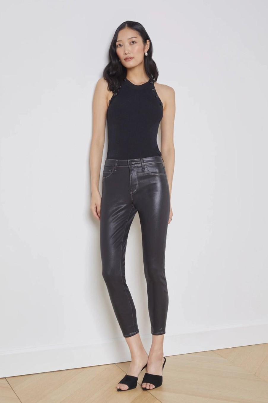 Women L'AGENCE Denim | L'Agence Margot High Rise Mix Stitch Skinny Jeans In Noir/Natural Contrast Coated