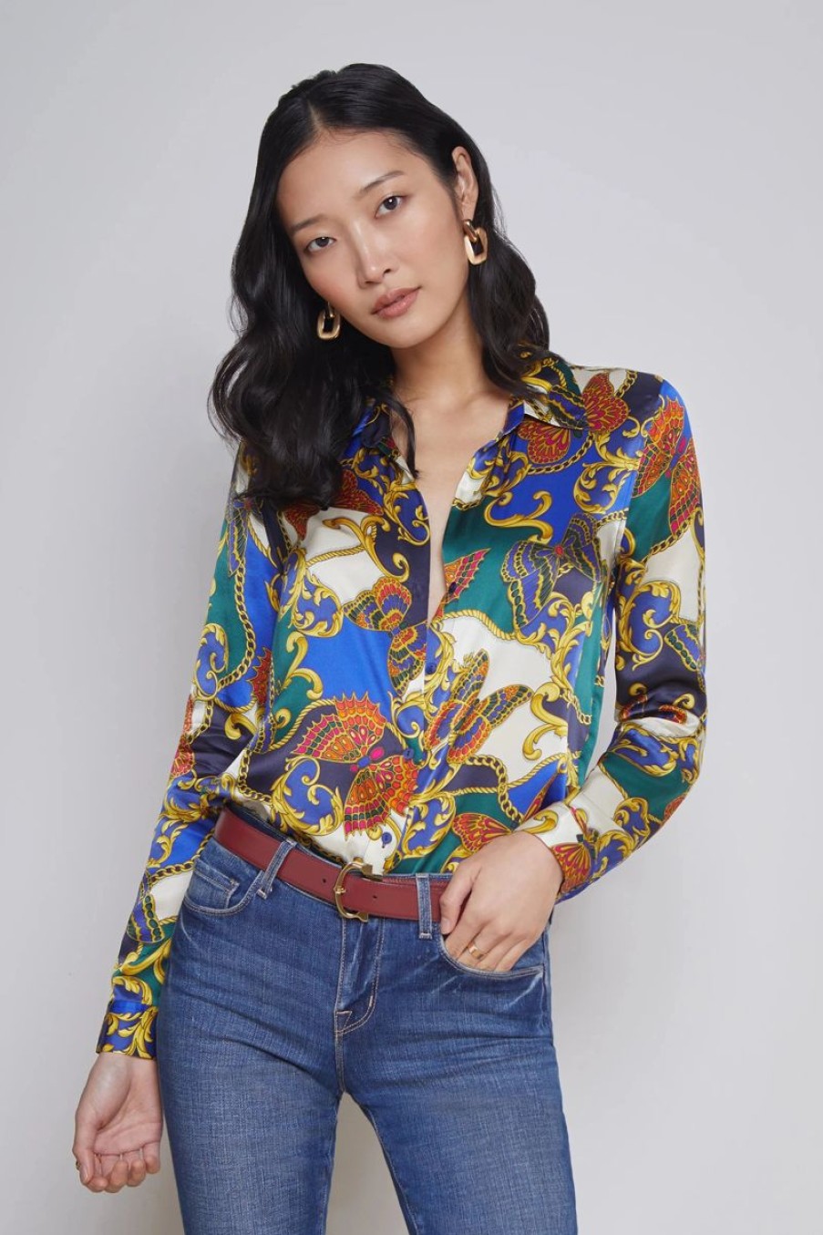 Women L'AGENCE Tops | L'Agence Tyler Long Sleeve Blouse In Multi Butterfly Chain