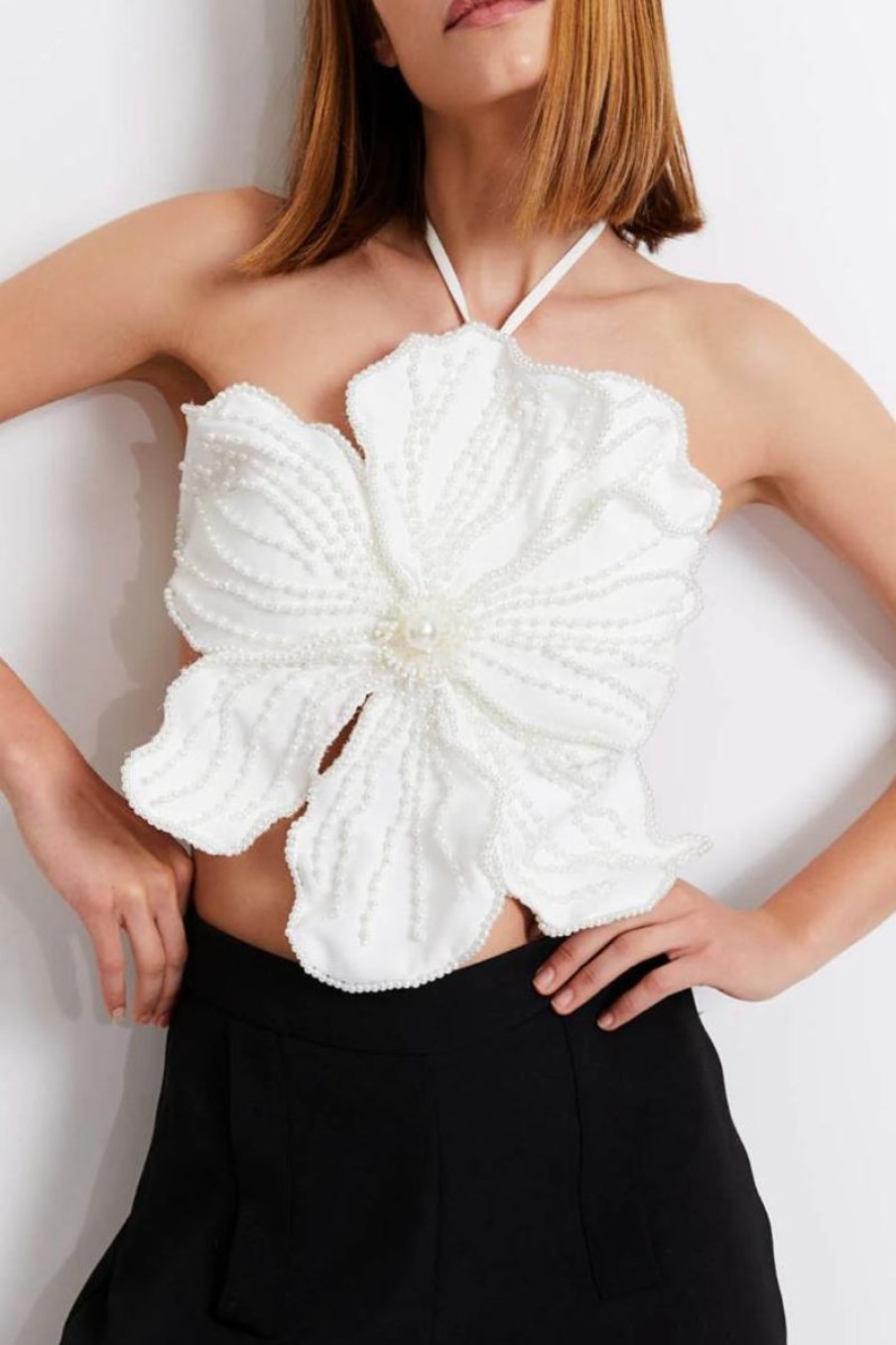 Women PATBO Tops | Patbo Hand-Beaded Flower Top In White