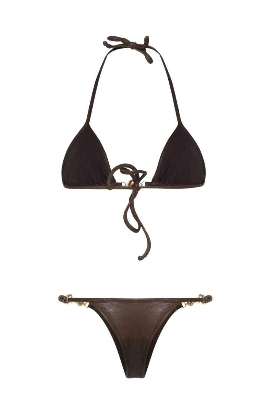 Women REINA OLGA Swimwear & Coverups | Reina Olga Splash Bikini Set In Brown Leather