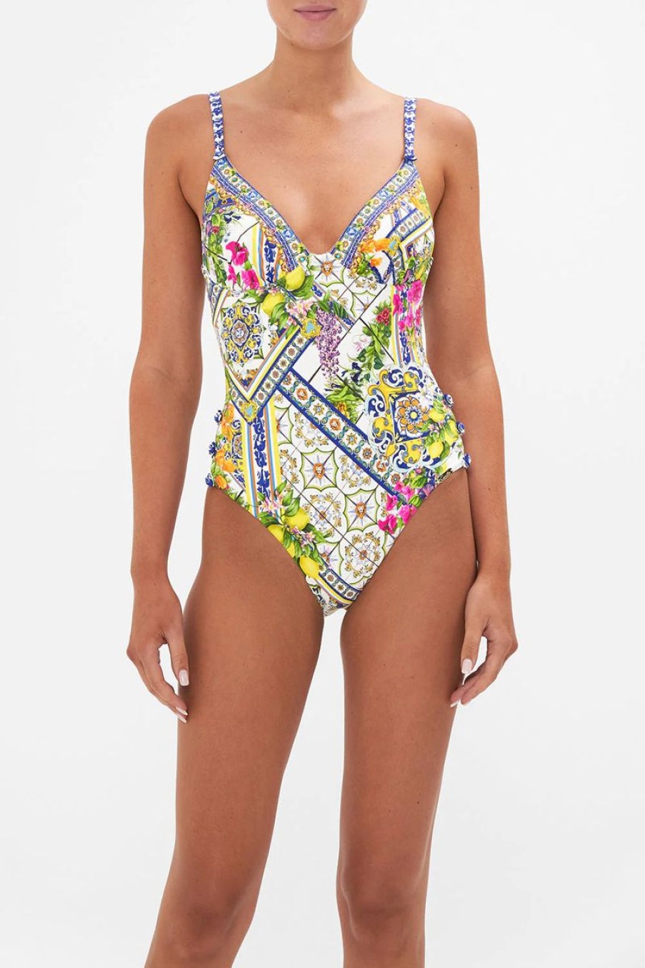 Women CAMILLA Swimwear & Coverups | Camilla Underwire One Piece With Button Detail In Amalfi Amore